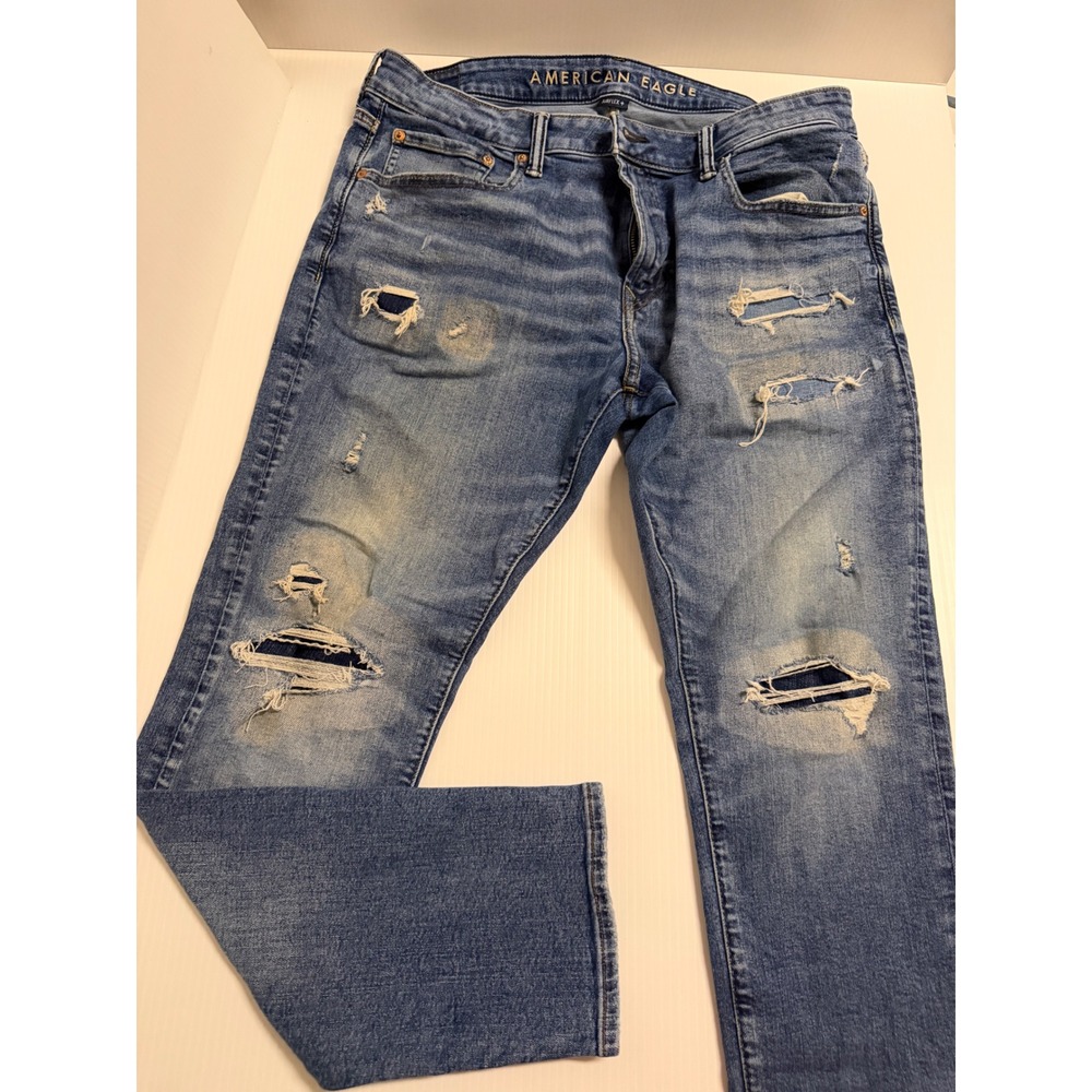 American Eagle Mens Airflex+ Skinny Distressed Blue Jeans 36x32 Medium Wash